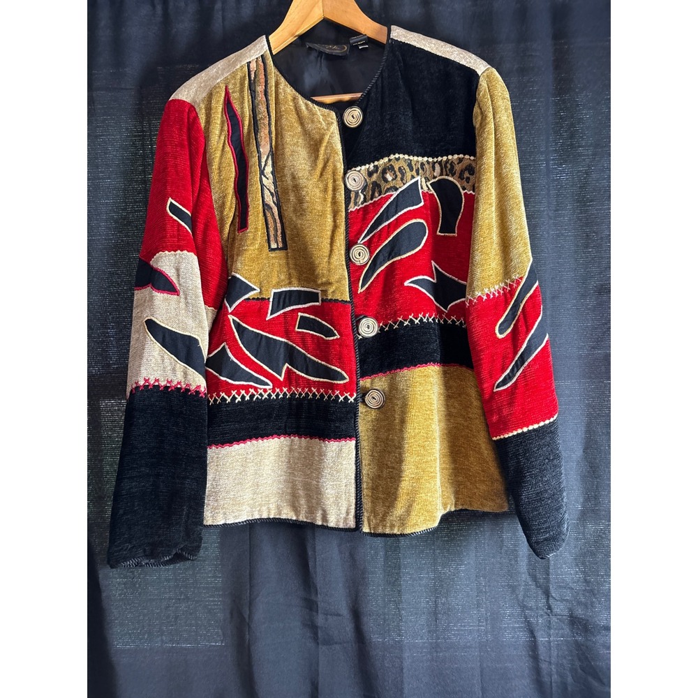 Alex Kin Vintage Chenille Patchwork Jacket Red Gold Black Art to Wear Large
